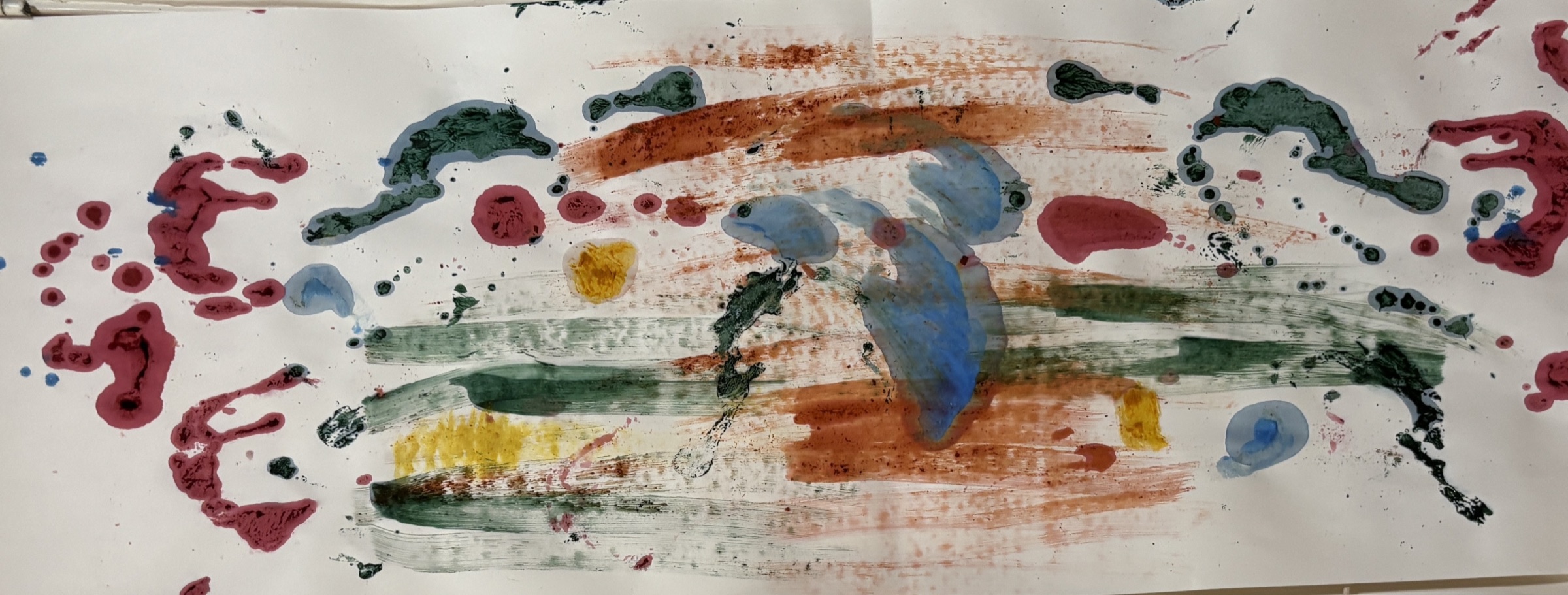 Sweeping green and rust brushstrokes, blue petal-like shapes and rose-coloured marks on warm paper.